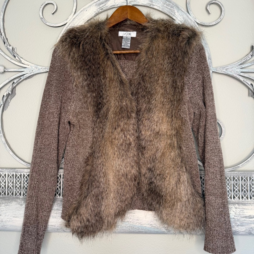 Laseine Brown Marled Knit Faux Fur Trim Cardigan Sweater Medium EUC